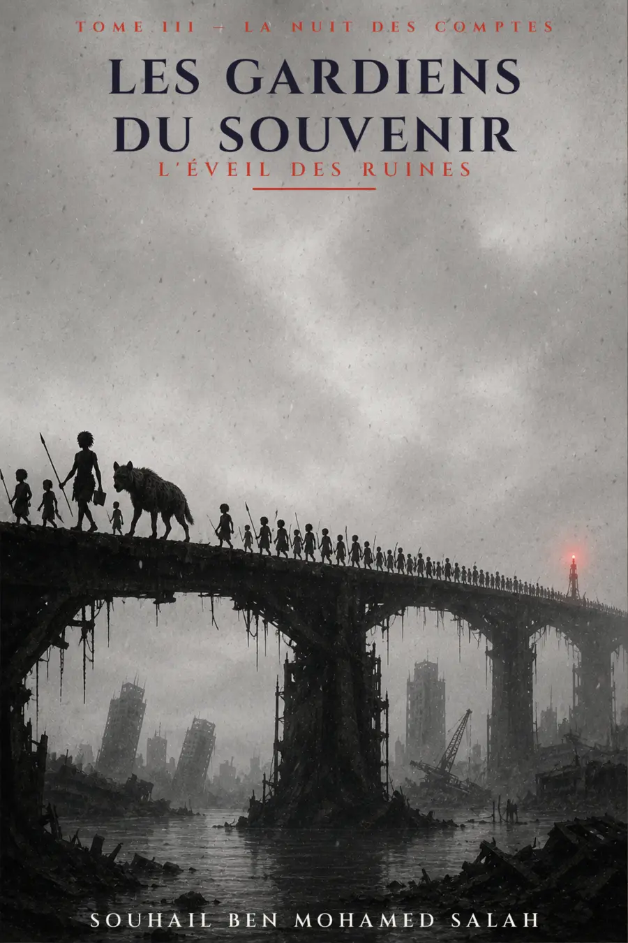 Variante de couverture du tome III sur un pont en ruines